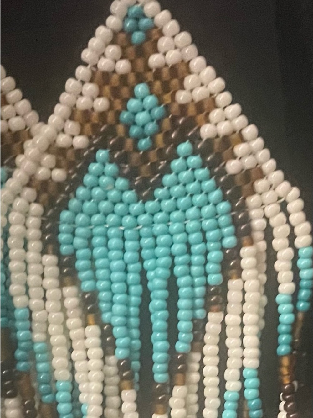 Handmade Beaded Fringe Earrings in Turquoise, White & Brown - Picture 3 of 3
